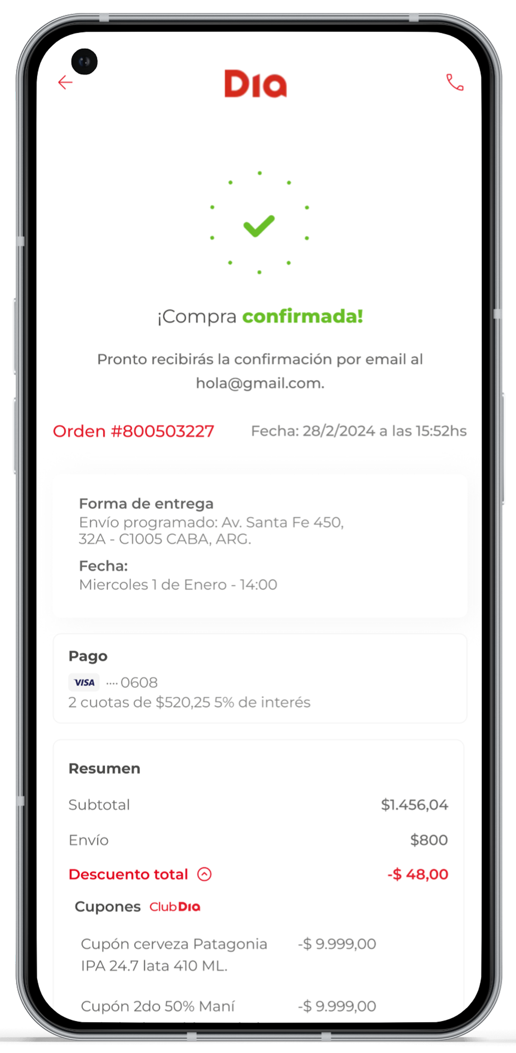 Revisá tu compra y los descuentos realizados. 