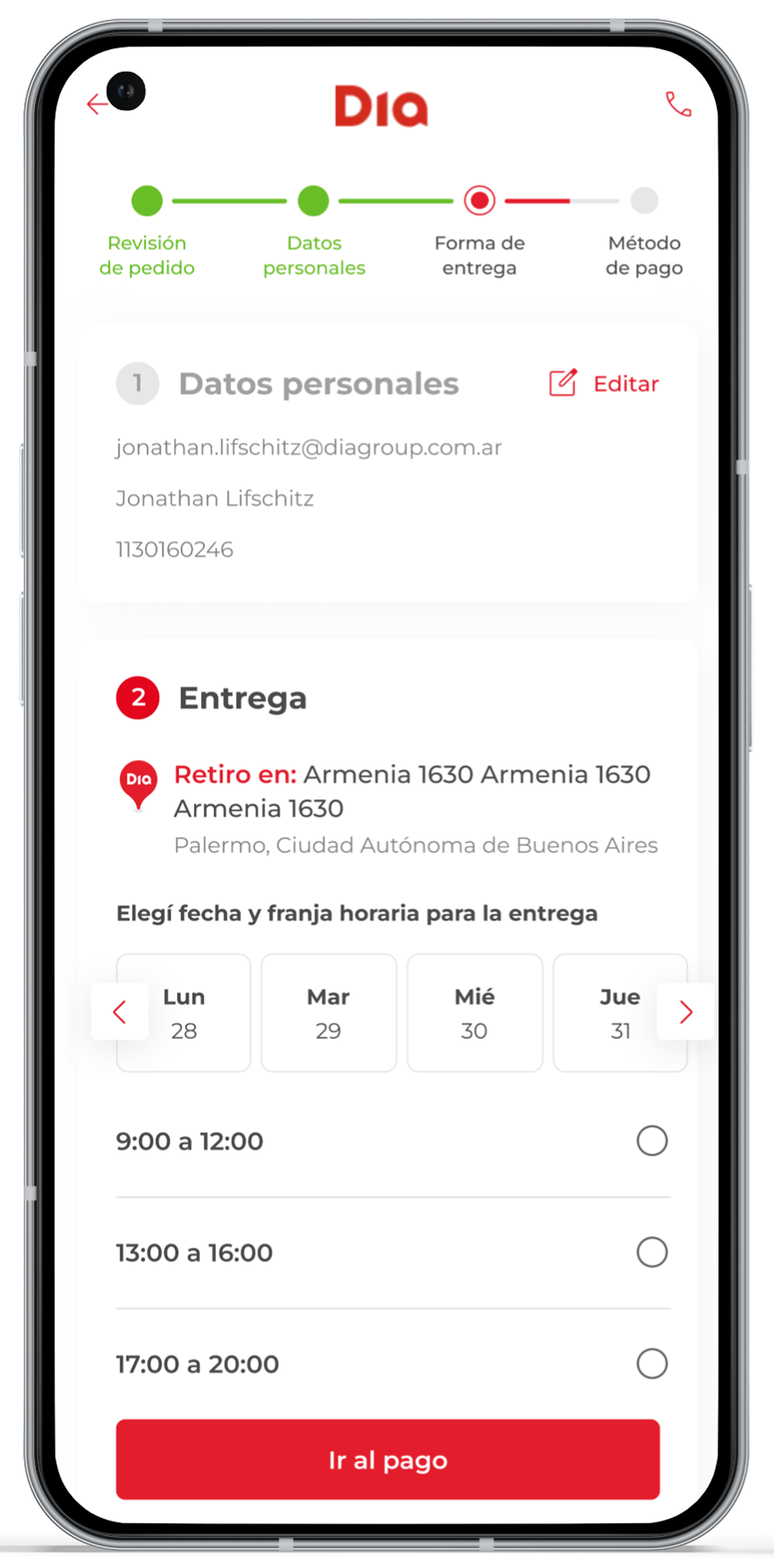 Seleccioná el día y la franja horaria de entrega